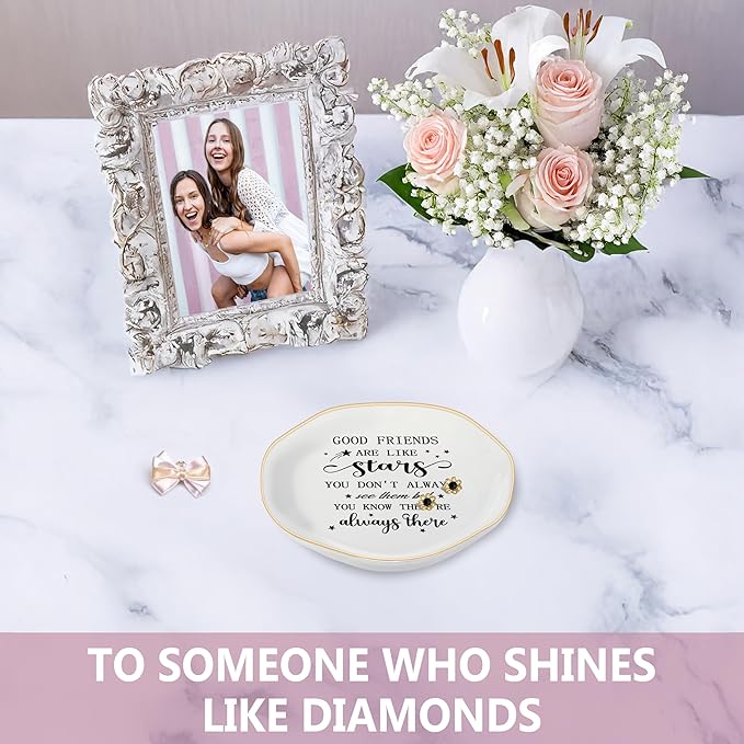 Friend Gifts Trinket Dish for Women, Unique Friendship Gifts, Good Friends are Like Stars Ceramic Ring Dish Jewelry Tray for Birthday Christmas Gift for Mom, Sister, Best Friends (GOOD Friends)