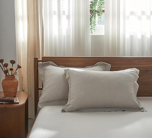 Simple&Opulence 100% French Linen Pillowcase Queen Size Set of 2, Pure Flax Pillow Covers with Embroidered, Solid Color Pillow Cases with Overlap Closure -Soft and Durable (20" X 26", Light Grey)