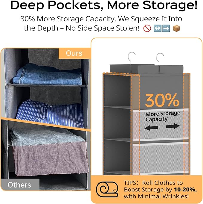 ALLTIDYUP Extra Deep Hanging Closet Organizer with 6 Shelves and Oversized Mesh Pockets, Heavy-Duty Structure, No Deformation, Max Storage for Clothes, Shoes, Hats, Dorms and RVs, Grey,1-Pack