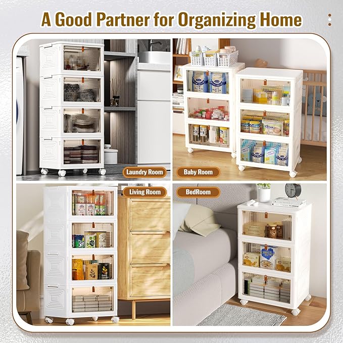 CTSNSLH 4 Tier Plastic Storage Bins and Boxes Organizer - Stackable with Lids for Bedroom, Living Room, Office - Foldable Containers