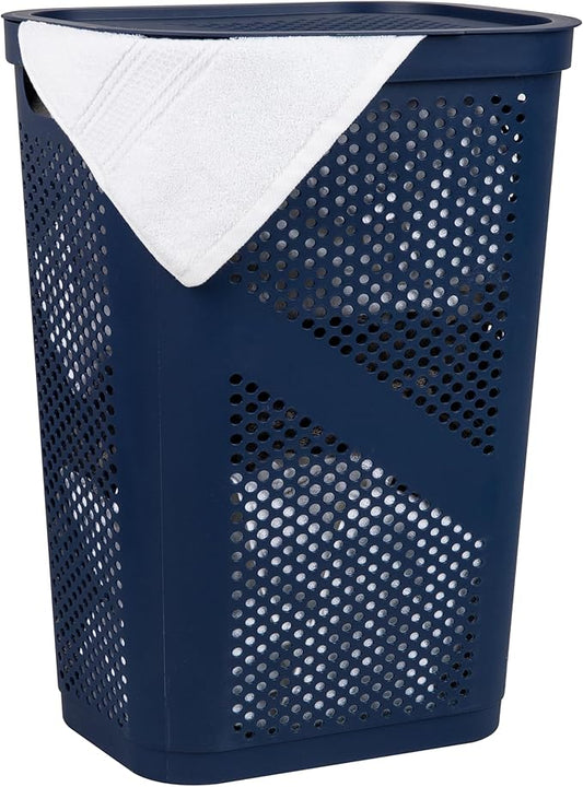 Mind Reader Slim Laundry Hamper with Lid, 60L Clothes Basket, Ventilated Plastic, Navy