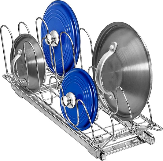 LYNK PROFESSIONAL® Pull Out Pot Lid and Cookie Sheet Organizer Rack for Cabinet - Lifetime Ltd. Warranty - Sliding Kitchen Organizers – Pans, Pots, Lids, and Tray Storage - 7.25 wide x 21 inch, Chrome