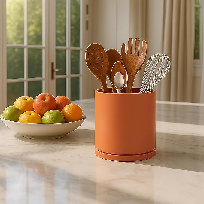 D'vine Dev 360° Rotating Utensil Holder – 5" Kitchen Utensil Crock for Countertop, Modern Cooking Tool Organizer for Kitchen Storage & Décor, Pumpkin, 72-X-E-1