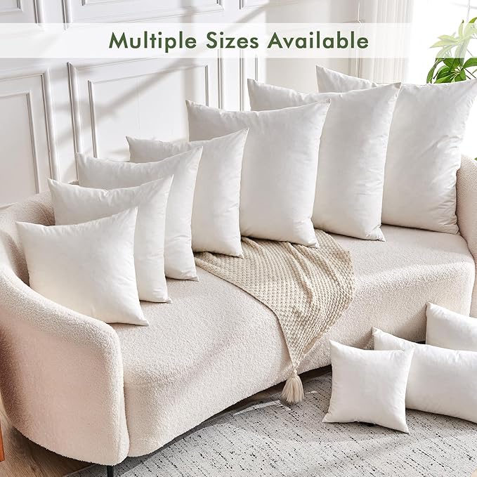 TOPGREEN Feathers Down Pillow Inserts 14x14, Set of 2, 100% Organic Cotton Shell, Soft Decorative Square Throw Pillows for Living Room Sofa, Couch, or Bed (White)