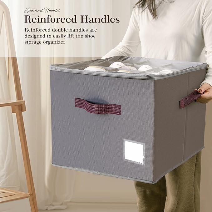 Criusia Shoe Organizer for Closet, 3 Pack Shoe Organizer with Transparent Cover and Sturdy Handles, Closet Shoe Storage for Sneakers Sandals Slippers, Fit 12-16 Pairs, Gray