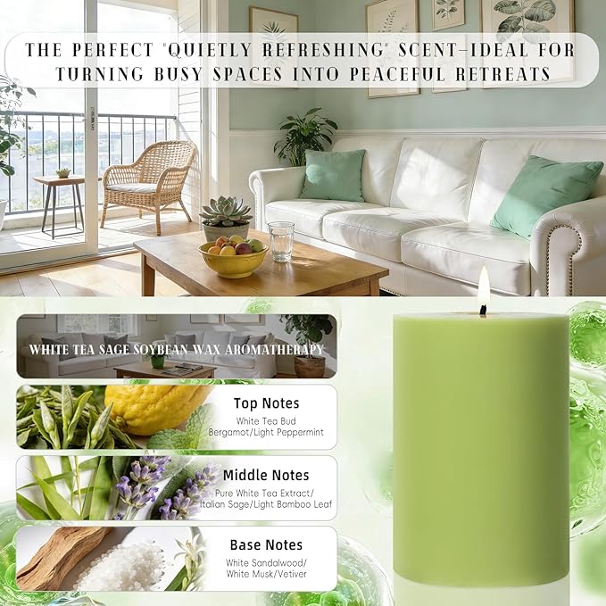 4 Pack Sage & White Tea Scented Pillar Candles,Natural Soy Wax Pillar Candles-2.8x4In,60H Long Lasting Burning Fragrance Candles for Home,Spa,Stress Relief & Wedding,Dinner Table(Sage Green)