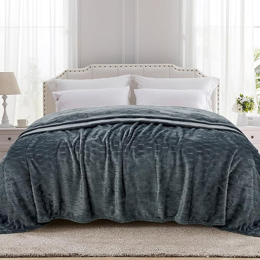 TOONOW Fleece Bed Blanket Queen Size 90x90 inches, Super Soft Fluffy Fuzzy Plush Blanket Geometric Pattern Cozy Microfiber Flannel Blankets for Couch, Bed, Sofa, Grey Blue