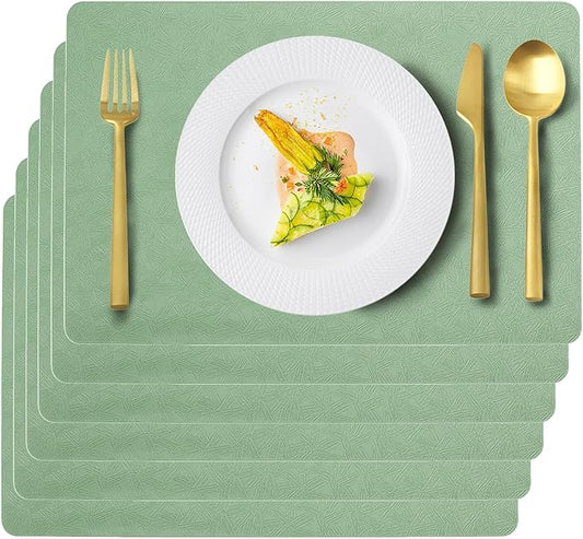 Vinyl Placemats Set of 6 Faux Leather 100% Waterproof Wipeable Washable Place Mats Heat Resistant Easy Clean Non-Slip Table Mats for Indoor Outdoor. (6, Green)