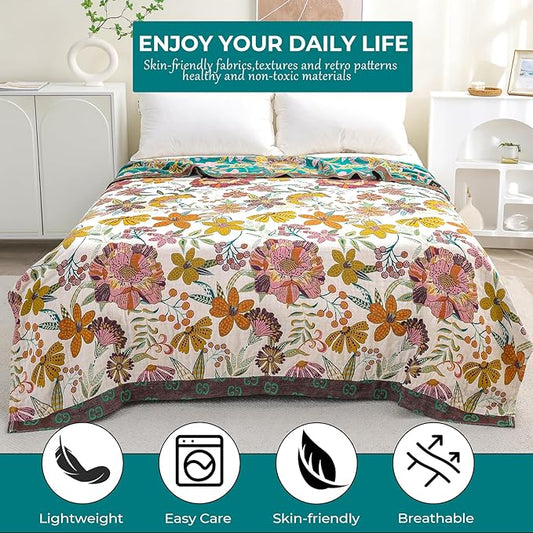 STASOPTK Premium Bed Throws- Boho Throw Blanket 80”x 90”,100% Cotton Ultra Soft Rustic Quilt Summer Blanket Travel Muslin Blanket Home Decor Large Bed Blankets All Season Throws for Women Mom