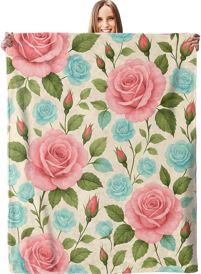 Romantic Rose Blanket, Soft Lightweight Warm Cozy Flannel 80×60 inch Throw Blanket for Couch, Travel, Bed, Outdoor, Gifts for Women Men Adults Kids