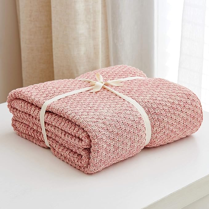 Longhui bedding Dusty Pink Knitted Throw Blanket for Couch, Soft, Cozy Machine Washable 100% Cotton Sofa Knit Blankets, Heavy 2.8lb Weight, 51 x 63 Inches, Pink and White Color, Laundry Bag Included