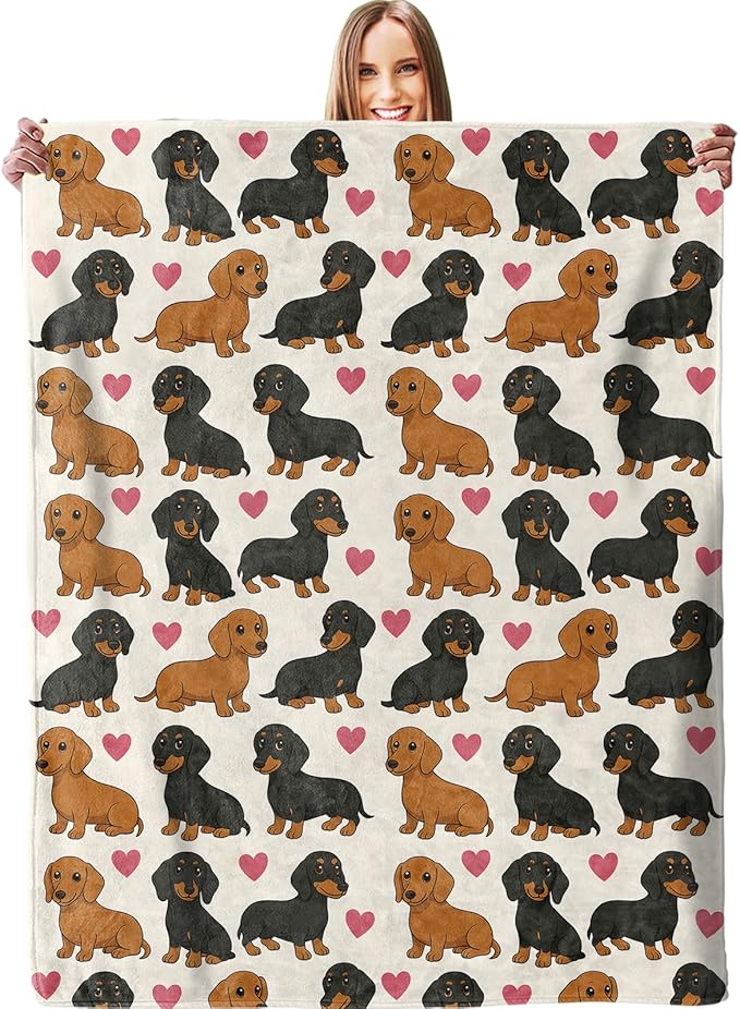 Cute Dachshund & Heart Blanket - Plush, Soft, Comfy, Lightweight, Warm, Fuzzy, Cozy Flannel Throw Blanket for Couch, Travel, Bed, Office, Outdoor - 50in×60in