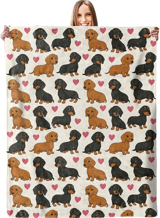 Cute Dachshund & Heart Blanket - Plush, Soft, Comfy, Lightweight, Warm, Fuzzy, Cozy Flannel Throw Blanket for Couch, Travel, Bed, Office, Outdoor - 50in×60in
