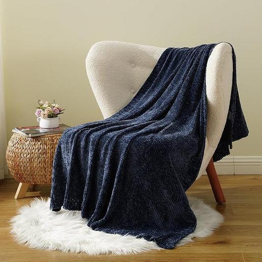 BATTILO HOME Navy Throw Blanket for Couch, Dark Blue Throw Blankets for Sofa, Chair, Living Room, Chenille Knit Throw Blankets for Bed Living Room Home Decor, 51"x67"