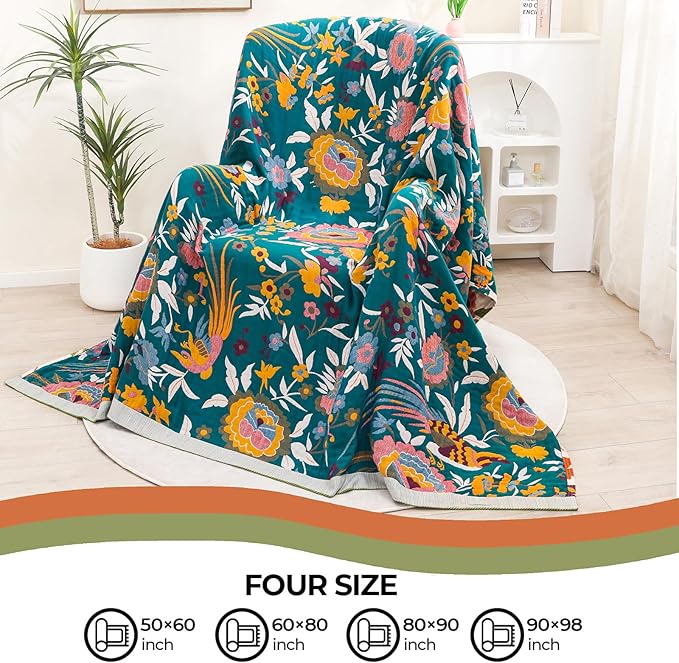 Boho Throw Blanket for Bed Couch 100% Cotton Ultra Soft Large Rustic Quilt t Queen Blanket,Bird Floral Printed Farmhouse Bed Blankets 80"×90", Decorative Reversible Muslin Bed Cover for All Seasons