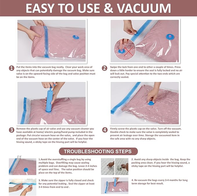 10 Space Saver Vacuum Sealed Storage Bags (2 Jumbo/2 Large/3 Medium/3 Small) with Hand Pump, Seal Bags for Clothing, Comforters, Pillows, Towel, Blanket Storage, Bedding