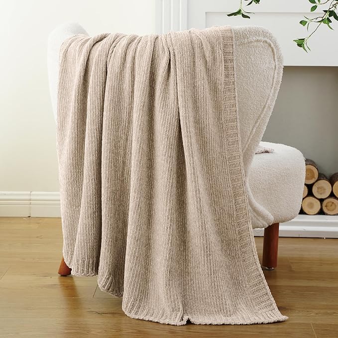 BATTILO HOME Knit Chenille Throw Blanket for Couch, Cozy Beige Throw Blankets for Home Decor,Lightweight Soft Throw for Bed,Sofa,Chair 51"x67"