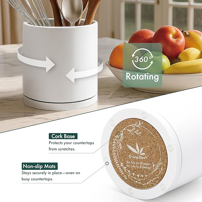 D'vine Dev 360° Rotating Utensil Holder Set – 7.2"+5" Kitchen Utensil Crocks for Countertop, Modern Cooking Tool Organizers for Kitchen Storage +Décor, White, Set of 2, 72-Z-A-1