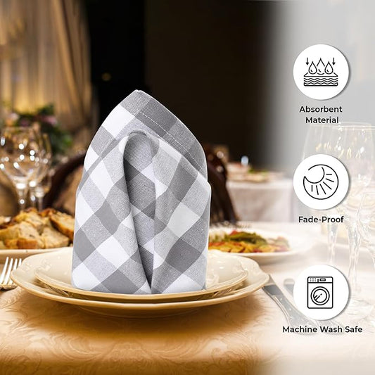 Urban Villa Cotton Dinner Napkins Set of 12, Highly Absorbent Soft Premium Cloth Napkins 20x20 Inches, Hotel Quality Reusable & Washable Table Dinner Napkins for Home - (Grey/White, Buffalo Checkerd)
