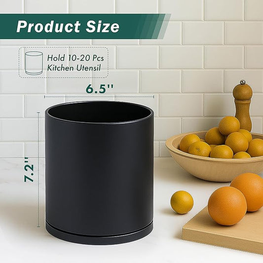 D'vine Dev 360° Rotating Utensil Holder – 7.2" Kitchen Utensil Crock for Countertop, Modern Cooking Tool Organizer for Kitchen Storage & Décor, Black, 72-X-B-2