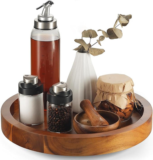 13" Acacia Wood Lazy Susan Organizer for Cabinet - Round Lazy Susans Turntable for Countertop - Wooden Kitchen Rotating Storage Food Bin Container for Centerpiece Table, Spices, Pantry