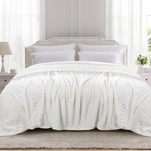 TOONOW Fleece Bed Blanket King Size 90x108 inches, Super Soft Fluffy Fuzzy Plush Blanket Geometric Pattern Cozy Microfiber Flannel Blankets for Couch, Bed, Sofa, Cream White