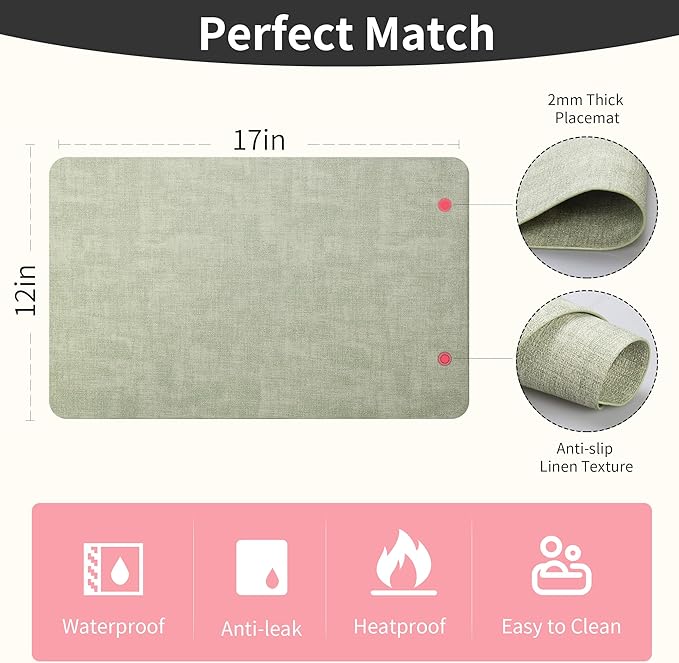 Maxpearl Faux Leather Placemats Set of 6 - Waterproof - Wipe Clean - Heat Resistant - Anti Slip Dining Table Place Mats, Suitable for Indoor & Outdoor Use, 17’’x12’’, Sage Green