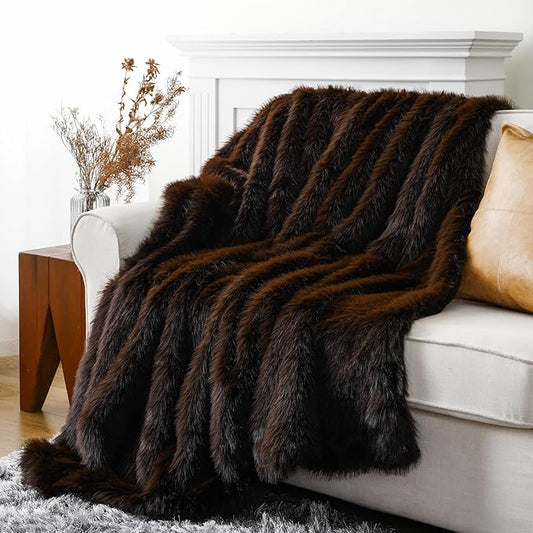 BATTILO HOME Luxury Fluffy Brown Faux Fur Throw Blanket, Cozy Warm Fur Blanket for Couch, Sofa, Chair, Bed, Plush Fuzzy Fur Throws with Long Pile, 50"x60"