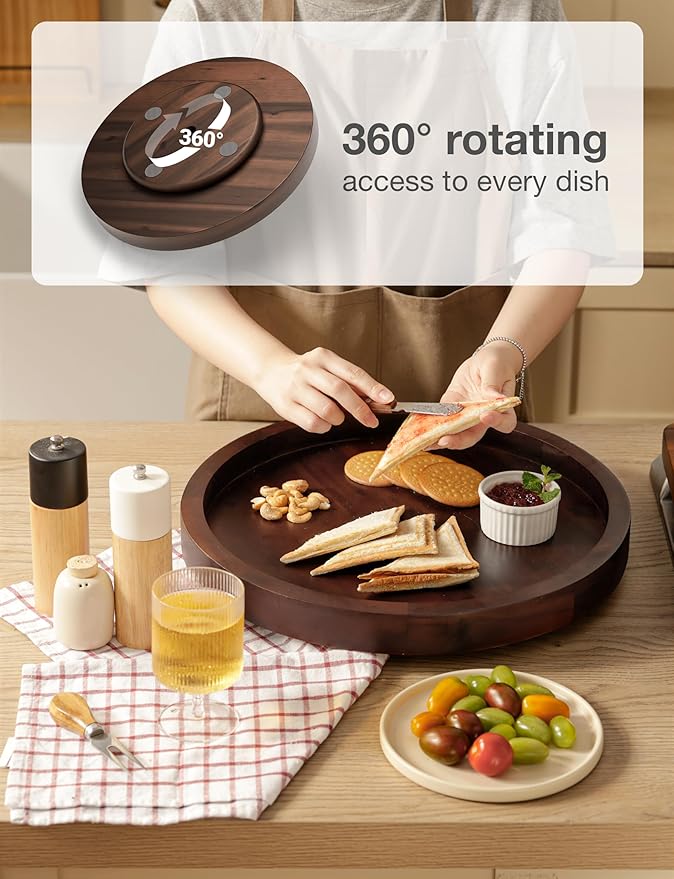 16" Acacia Lazy Susan Turntable for Table - Wooden Charcuterie Boards Cheese Board - Extra Large Lazy Susan Organizer - Kitchen Turntable for Cabinet, Pantry (16 Inch, Walnut)