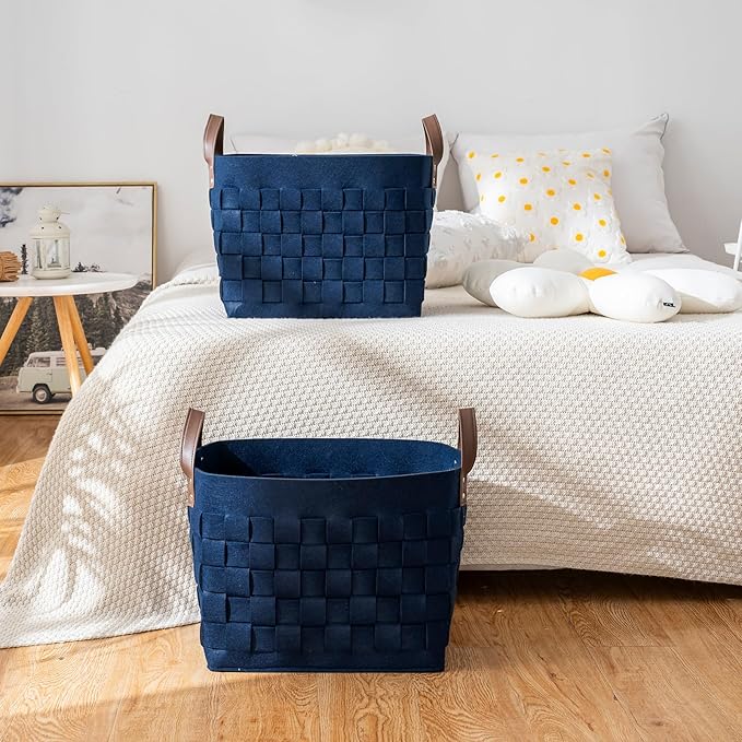 boldmonkey Blankets Baskets 15 " x13 x11 2 Pack, Large Rectangular Toys Baskets with Leather Handle, Soft Baby Nursery Basket for Storage-Navy Blue