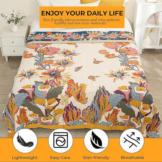 Boho Large Throw Blanket for Bed Couch 60" x 80 "100% Cotton Gauze Fall Blankets Home Decor Soft Lightweight for Sofa Quilt with Floral Butterfly