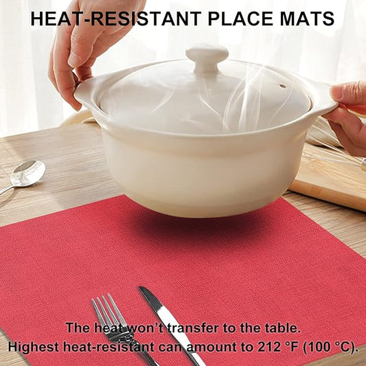 homing Faux Leather Heat Resistant Placemats 8 Packs, Waterproof Wipeable Dining PU Place Mats for Indoor & Outdoor, Easy to Clean, Red