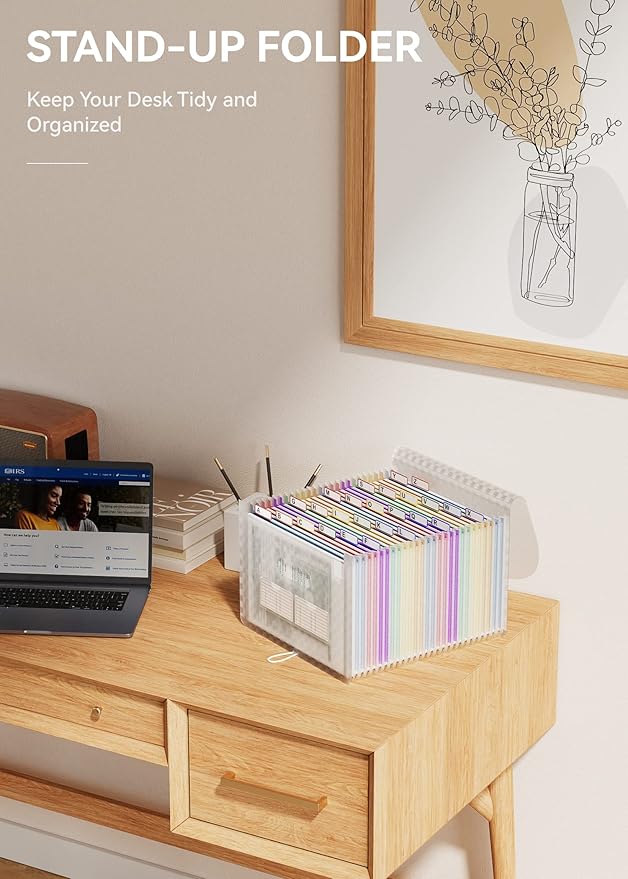 ABC life 26 Pockets Accordion File Organizer, Expanding File Folder, Portable Monthly Paper Bill Tax Receipt Organizer, Letter A4 Size Document Organizer with Labels - Blue