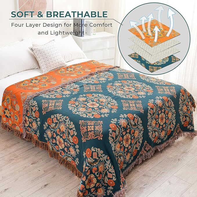 Fall Throw Blanket for Couch Bed Chair,100% Cotton Soft Lightweight Blanket Rustic Quilt -Orange Floral Printed Farmhouse Decor Bed All Season Blankets,60"×80"