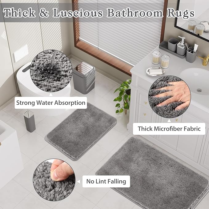 XLHOMO Grey Bathroom Accessories Set, Bathroom Sets with Shower Curtain and Rugs, Trash Can, Tray, Soap Dispenser, Soap Dish, Toothbrush Holder, Toothbrush Cup,Toilet Brush and Qtip Holders for Home