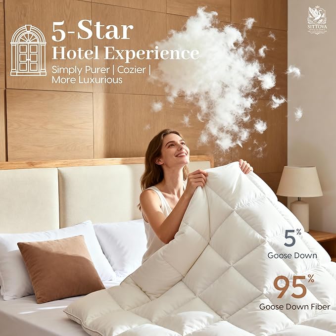 Goose Down Fiber Comforter Queen Size – All-Season Hotel Quality Duvet Insert, High Fill Power, Ultra Soft 100% Cotton, Box-Stitched, Breathable, Lightweight Luxurious White Bedding, 90"x 90"