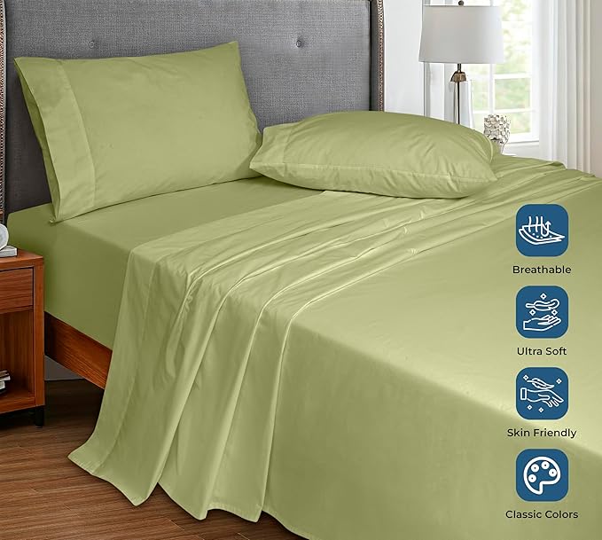 Royale Linens 100% Organic Cotton Full Flat Sheet Only - Super Soft - Percale Top Sheets - Full Flat Sheet Sold Separately - Breathable, Cool & Crisp Sage Green Sheets Only (81" x 96", Sage Green)