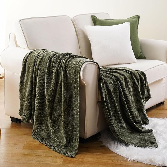 BATTILO HOME Olive Green Chenille Throw Blanket for Couch, Cozy Knit Throw Blanket for Bed Sofa Outdoor, Super Soft Warm Green Blankets Chenille Blankets for Home Decor, 51"x67"