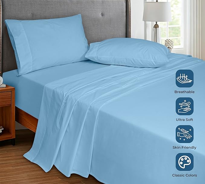 Royale Linens 100% Organic Cotton California King Flat Sheet Only - Super Soft - Percale Top Sheets - King Cal Flat Sheet Sold Separately - Cool & Crisp Lake Blue Sheets Only (108" x 102", Lake Blue)