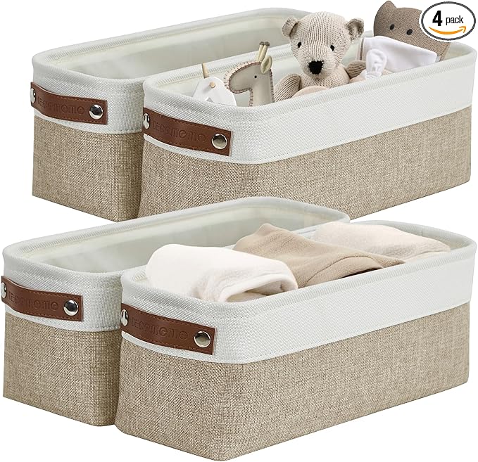 DECOMOMO Narrow Storage Bins Small Baskets for Organizing Bathroom, Toilet Tank, Towel Storage, Entryway, Gifts (Beige and White - Set of 4)