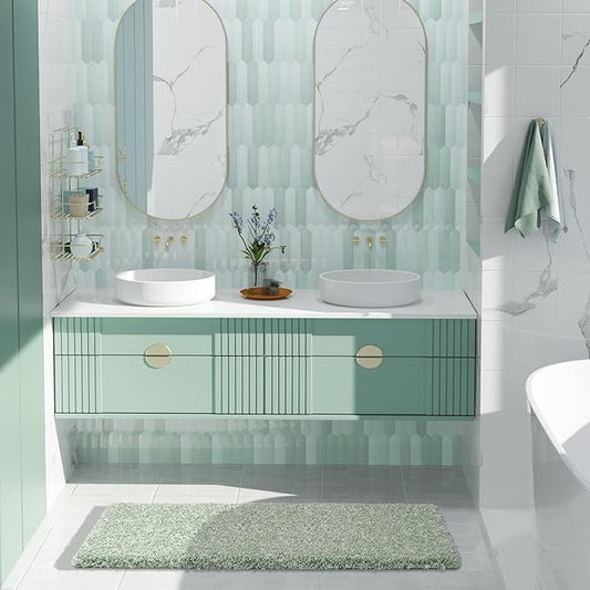 Yimobra Light Green and White Bathroom Rugs Non Slip Washable 44x24, Ultra Soft and Water Absorbent Bath Mats, Plush Fluffy Shower Mat Outside, Luxury Microfiber Thick Matts for Bathroom Floor/Tub