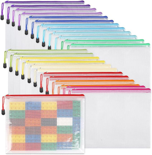 EOOUT 24pcs Mesh Zipper Pouch Bags A4 Document Bag, 13.5x9 Inches, Plastic Zip File Folders, Puzzles, Board Game Storage for Organizing Office Home
