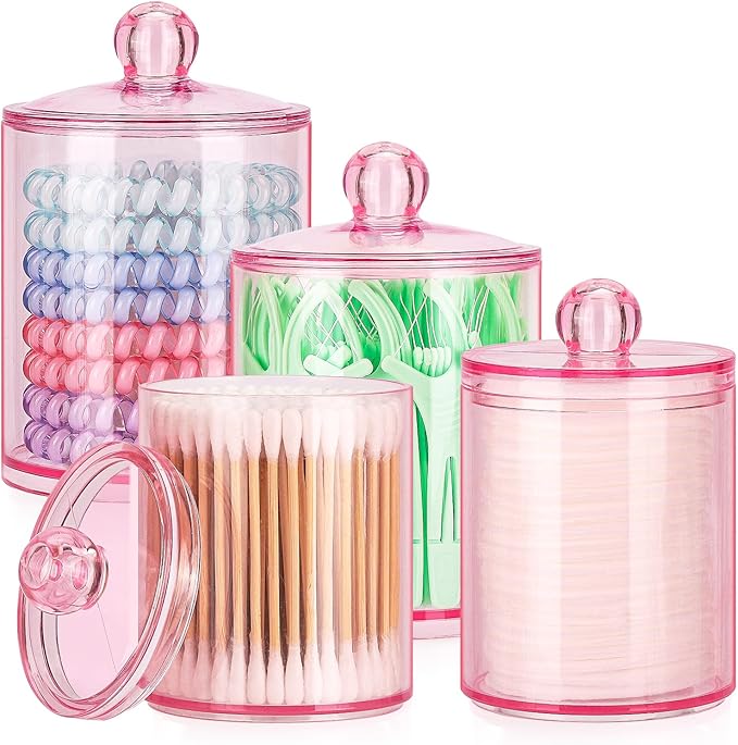Tbestmax 12 oz & 10 oz Qtip Holder - 4 Pack Restroom Bathroom Organizers and Storage Containers, Pink Plastic Apothecary Jars with Lids for Cotton Swab, Cotton Round Pads, Floss