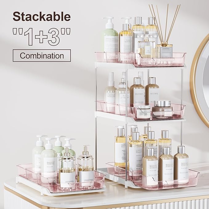 Delamu 2-Tier Multi-Purpose Bathroom Under Sink Organizers and Storage, Stackable Kitchen Pantry Organization, Pull Out Medicine Cabinet Organizer with Movable Dividers, Light Pink, 2 Pack