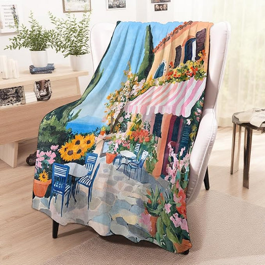 wyxdwh Beautiful Cafe Scenery Blanket, Cozy Flannel Vibrant Coastal Throw Blanket for Couch Outdoor, Plush Soft Lightweight Travel Blankets for Bed Decor and Gifts, for Women Girls Adults Kids 60"x80"