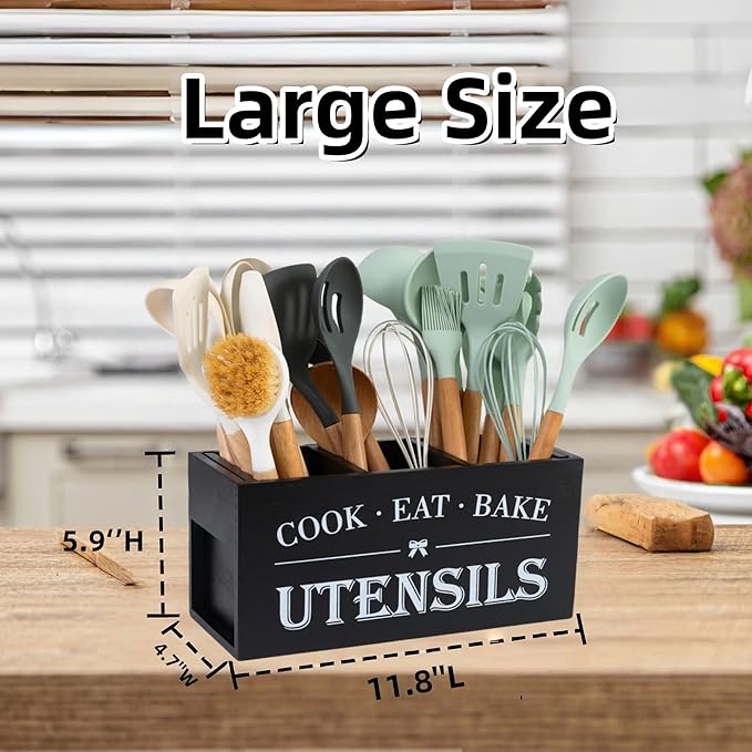 LIBODOUR Utensil Holder,Large Wooden Utensil Holder For Kitchen Counter,Cooking Spatula Organizer,Big Storage Caddy With 3 Compartments Flatware Spoon Tool Cutlery（Black）