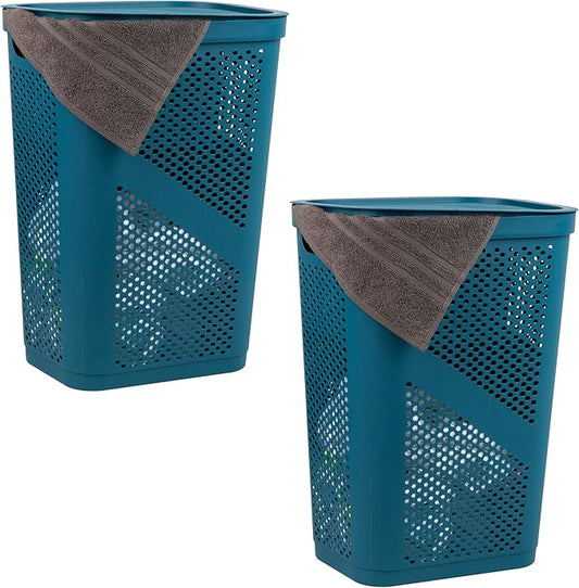 Mind Reader 60L Slim Laundry Hamper, Clothes Basket, Lid, Ventilated, Plastic, Set of 2, Blue
