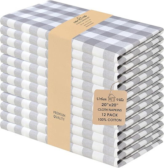 Urban Villa Cotton Dinner Napkins Set of 12, Highly Absorbent Soft Premium Cloth Napkins 20x20 Inches, Hotel Quality Reusable & Washable Table Dinner Napkins for Home - (Grey/White, Buffalo Checkerd)