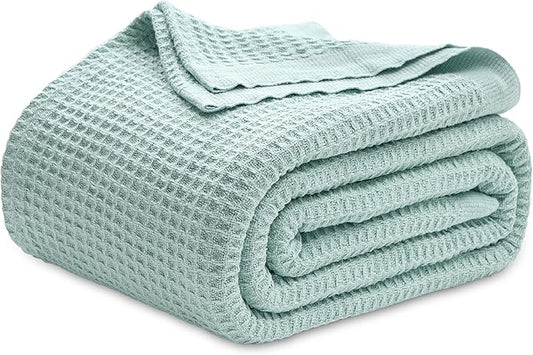 Bedsure Gentlesoft 100% Cotton Blanket Queen Size for Bed - Breathable and Soft for Spring Summer, Thick Cozy Waffle Weave Blanket Gifts for Women, Mint, 90x90 Inches