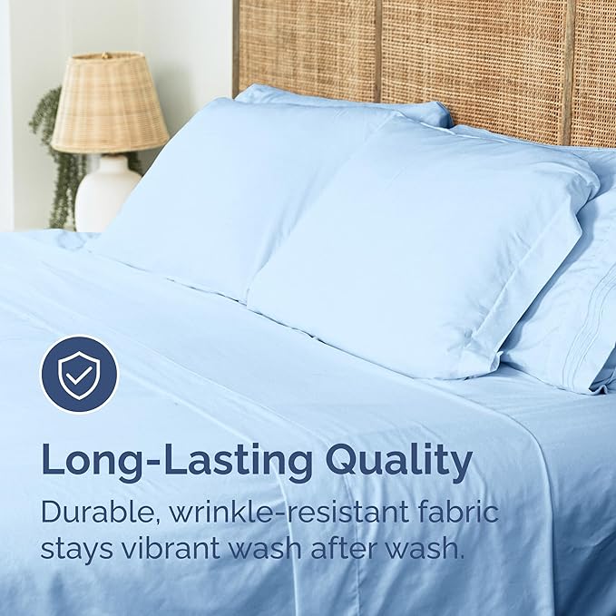 Cal King Size Flat Sheet - Hotel Quality Top Flat Bed Sheet Only - Ultra-Soft, Comfy, Breathable & Cooling - Fade & Wrinkle Free - Easy-Care, Stain & Shrink Resistant Bedding - Oeko-Tex - Light Blue